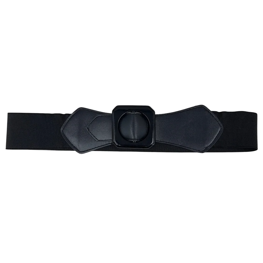 Wide Black Belt Elastic Cinch Waist Square Resin Buckle Pinup Retro Vintage 80s